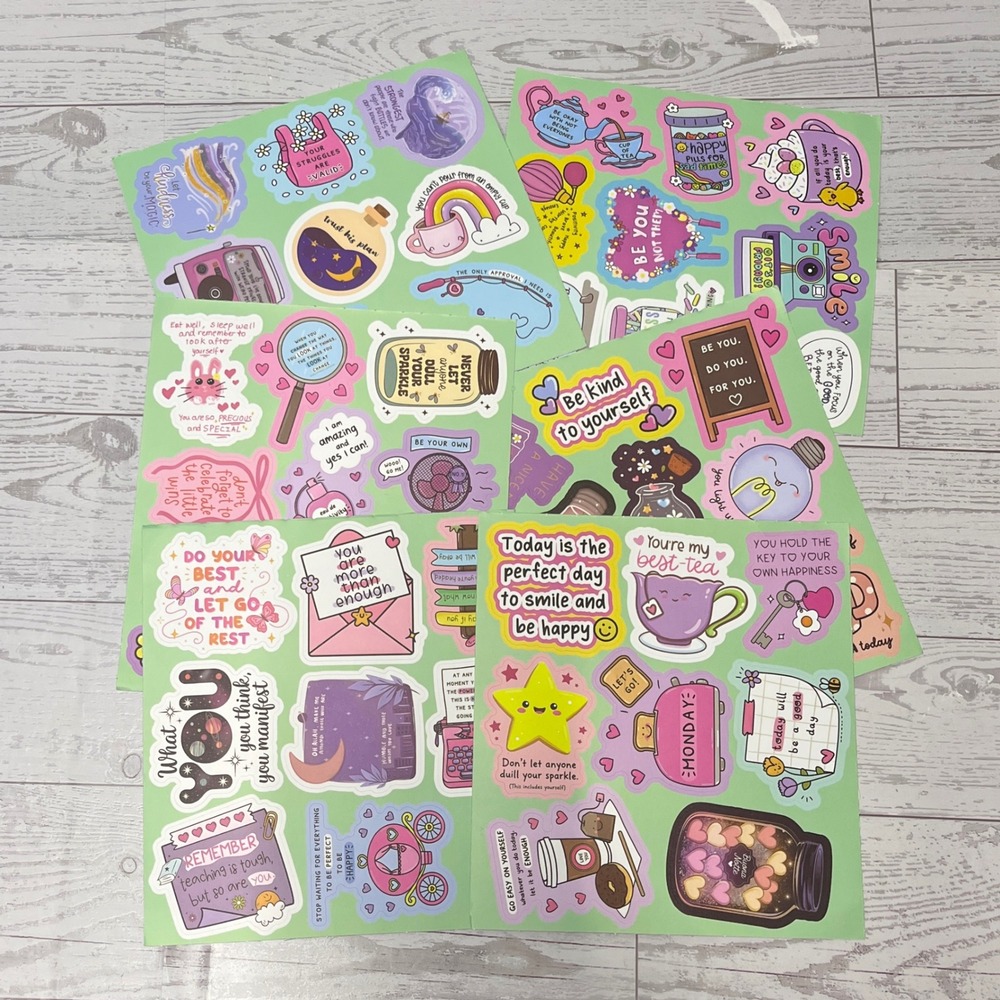 Motivational Self Care Sticker Sheets 6 Pack Pastel Aesthetic Planner Decals
